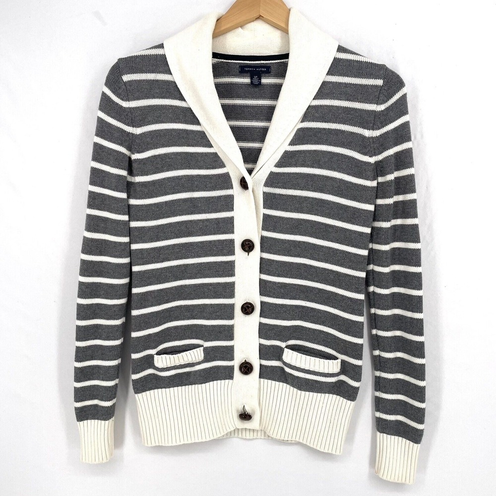 Tommy Hilfiger Mock Collar Cardigan Gray‎ Striped Button Accent Size S Ribbed